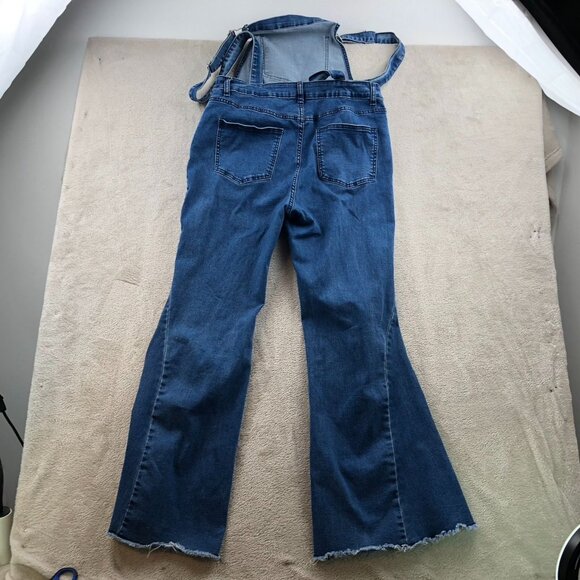 Womens Bib Overalls Large Blue Denim Flare Leg Vintage Medium Wash Casual Y2K - Picture 16 of 16